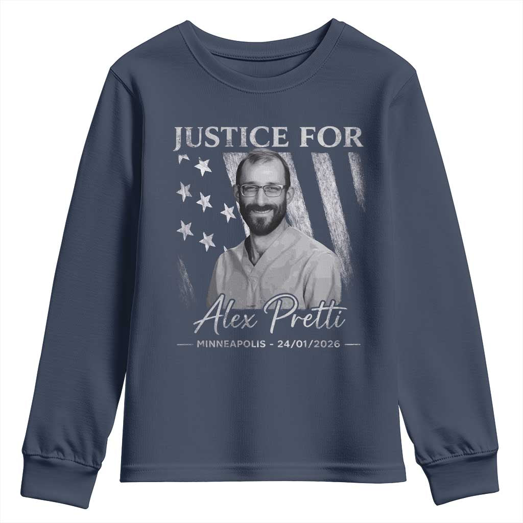 Justice For Alex Pretti Youth Sweatshirt Minneapolis Tribute 2026 Vintage American Flag