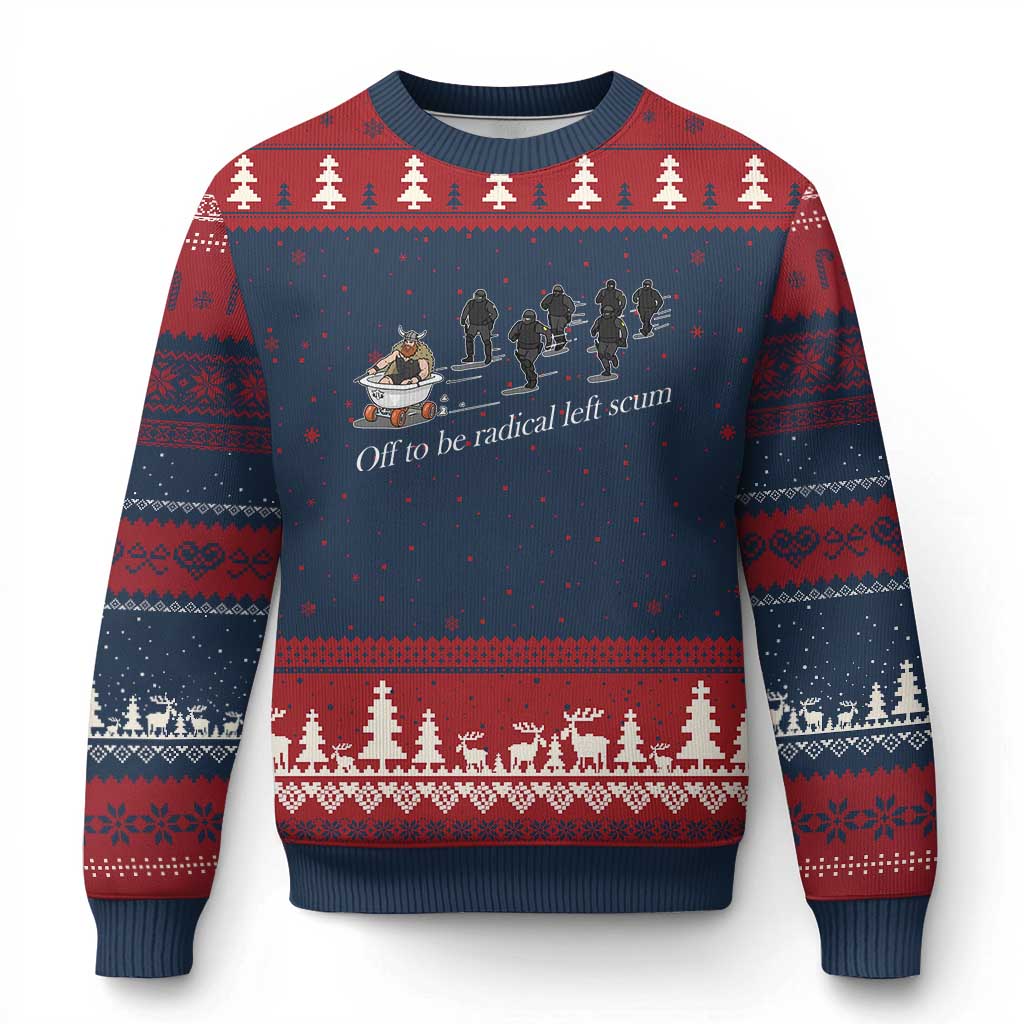 Off To Be Radical Left Scum Ugly Christmas Sweater Funny Minneapolis Escape Viking Abolish Ice