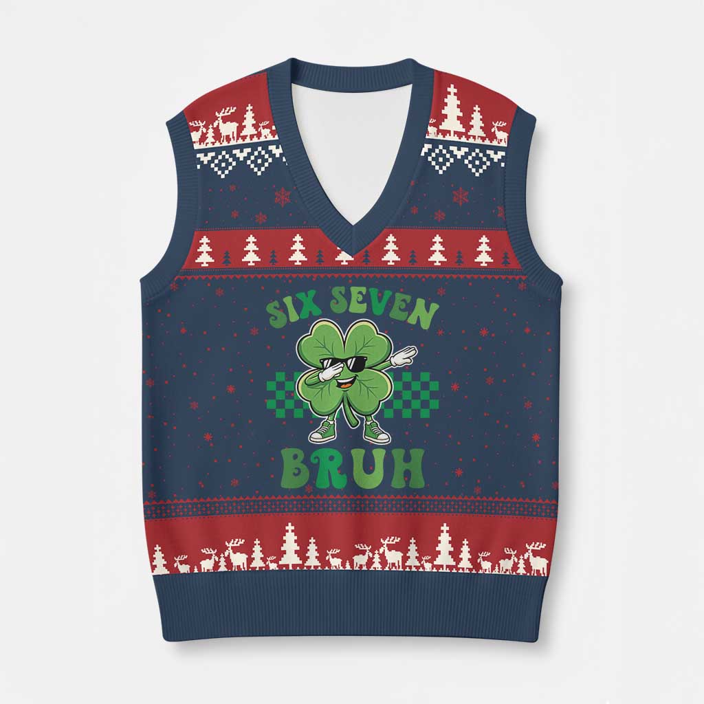 Funny 67 St Patricks Day V-Neck Knit Sweater Vest Six Seven Bruh Dabbing Shamrock