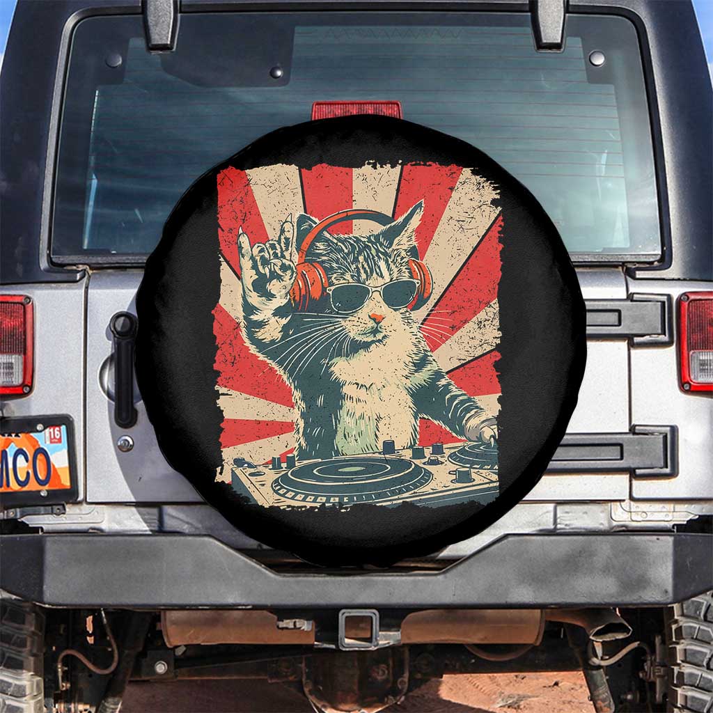 Funny DJ Cat with Headphones Retro Music Lover Spare Tire Cover