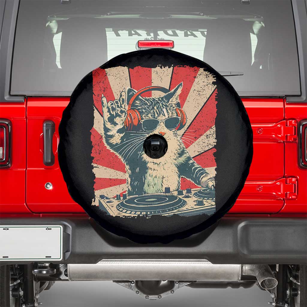 Funny DJ Cat with Headphones Retro Music Lover Spare Tire Cover