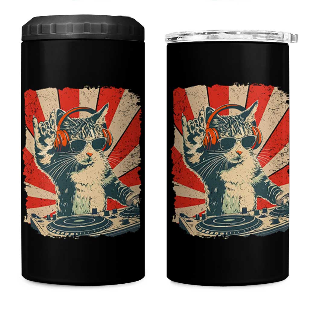Funny DJ Cat with Headphones Retro Music Lover 4 in 1 Can Cooler Tumbler