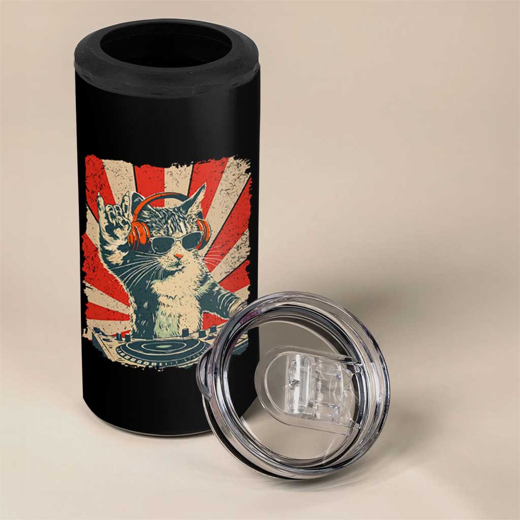 Funny DJ Cat with Headphones Retro Music Lover 4 in 1 Can Cooler Tumbler