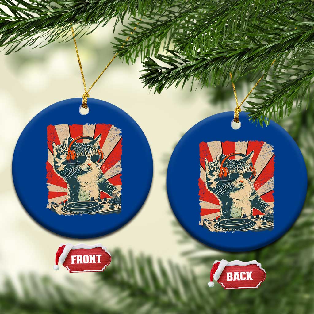 Funny DJ Cat with Headphones Retro Music Lover Ceramic Ornament