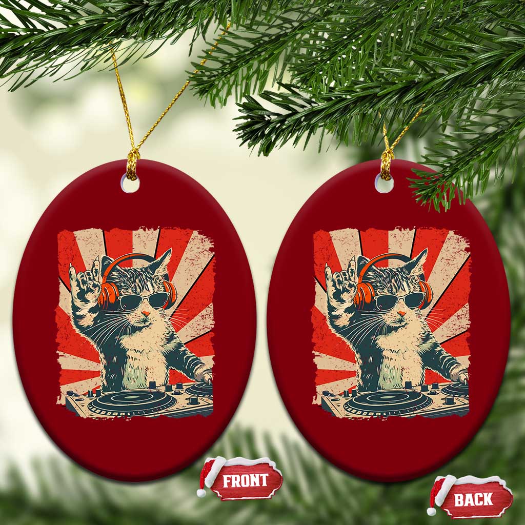 Funny DJ Cat with Headphones Retro Music Lover Ceramic Ornament