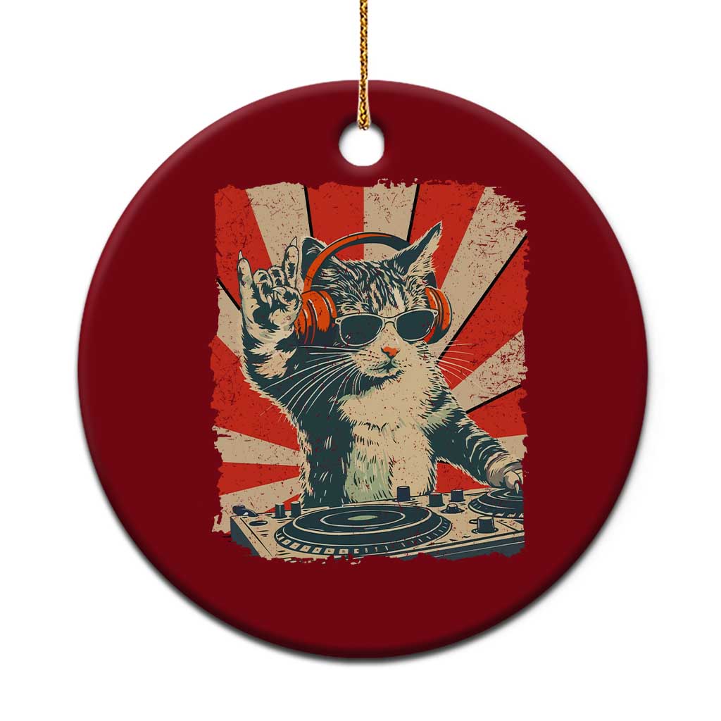Funny DJ Cat with Headphones Retro Music Lover Ceramic Ornament