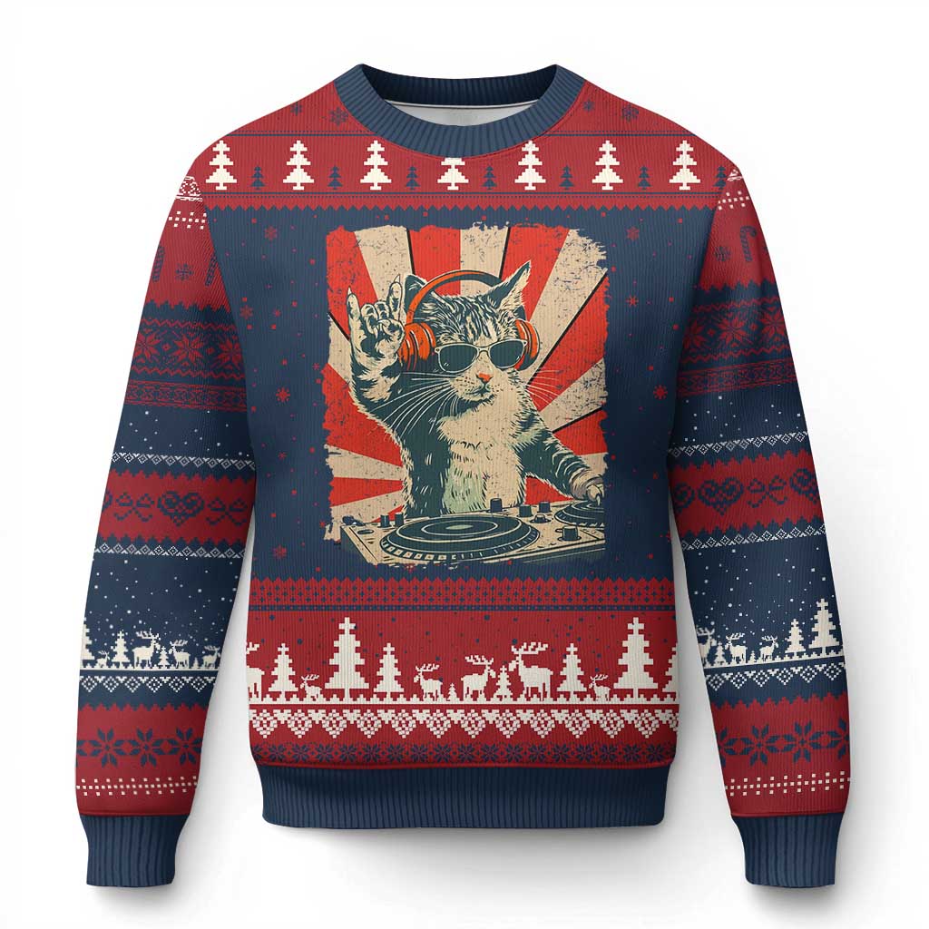 Funny DJ Cat with Headphones Retro Music Lover Ugly Christmas Sweater