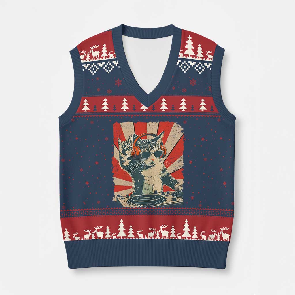 Funny DJ Cat with Headphones Retro Music Lover V-Neck Knit Sweater Vest