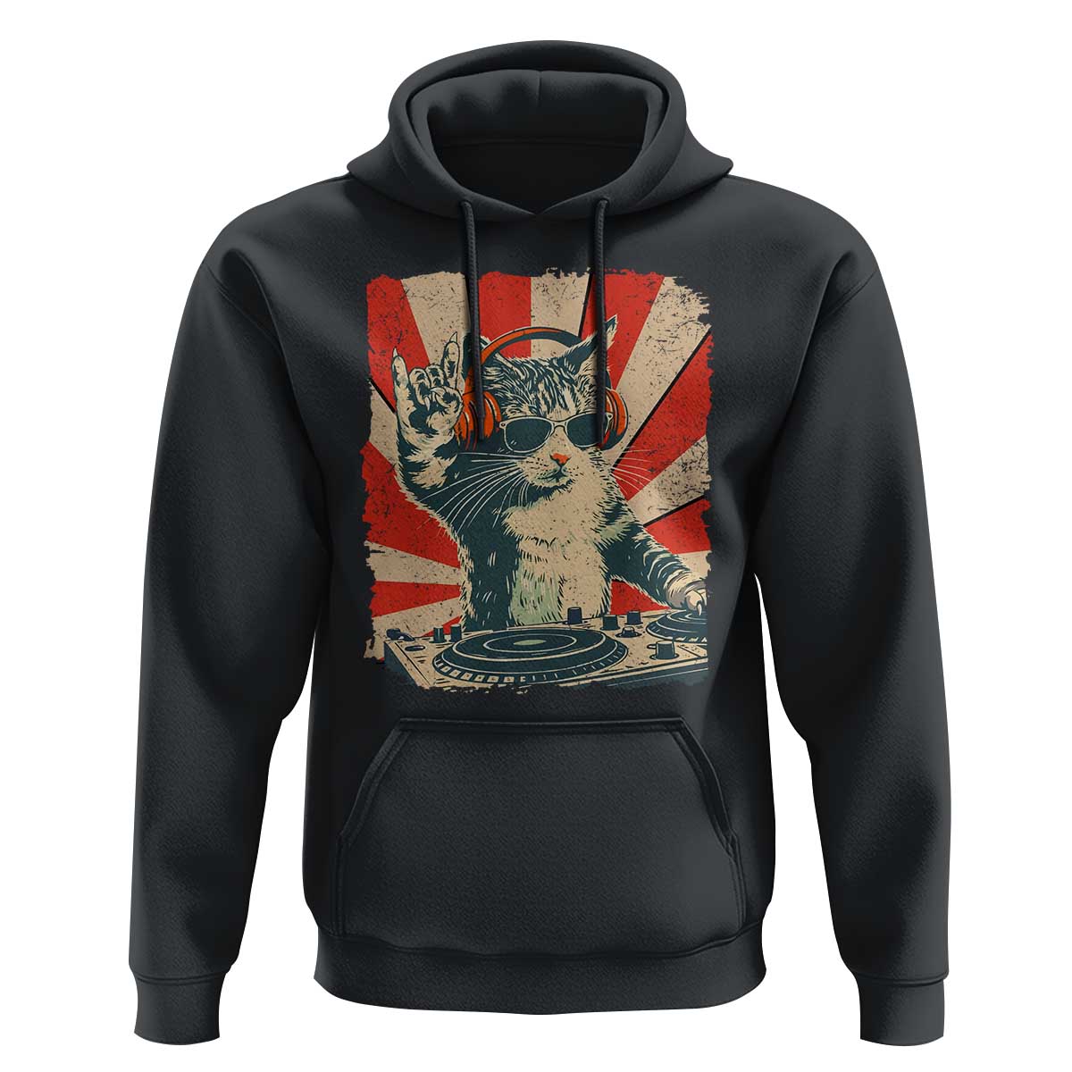 Funny DJ Cat with Headphones Retro Music Lover Hoodie