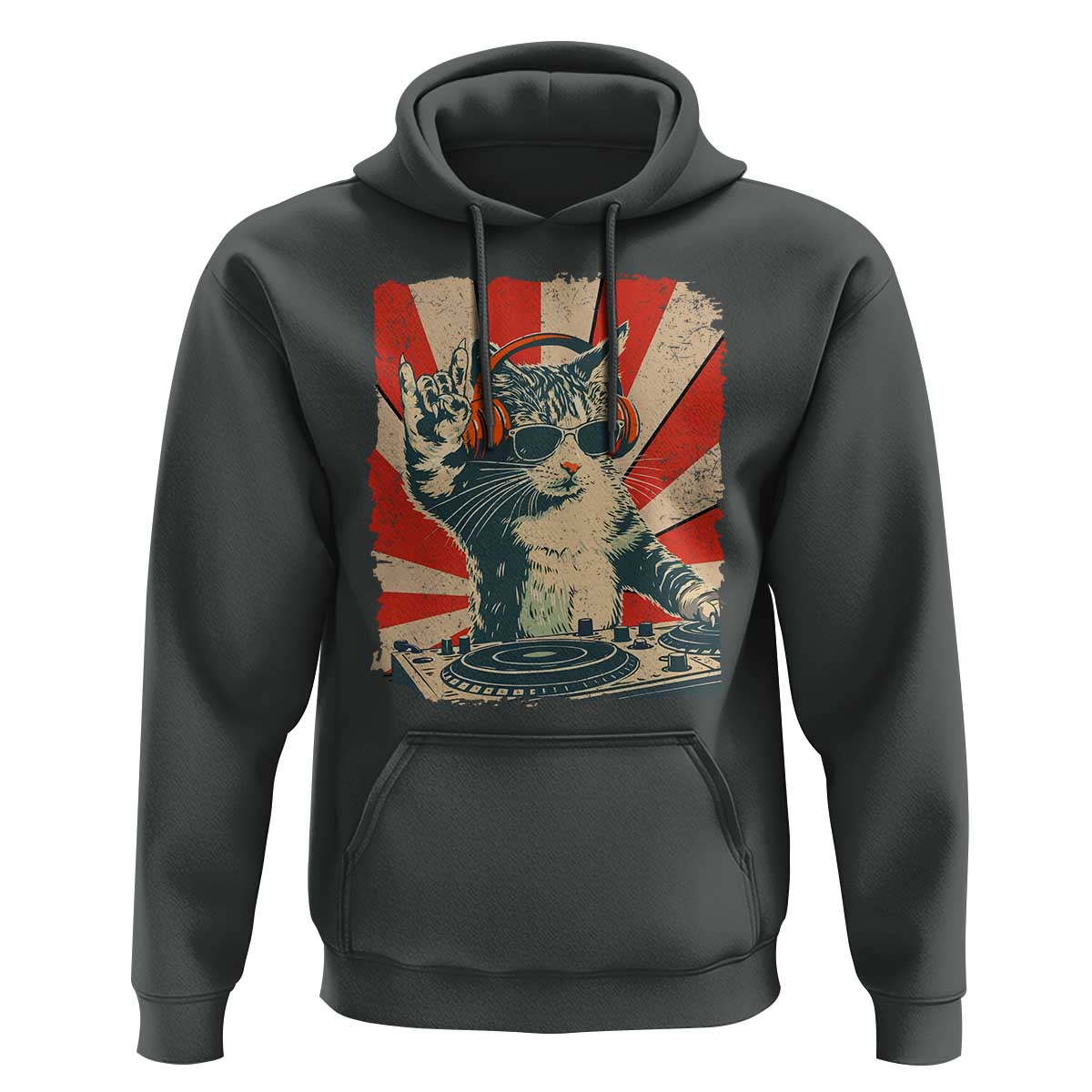Funny DJ Cat with Headphones Retro Music Lover Hoodie