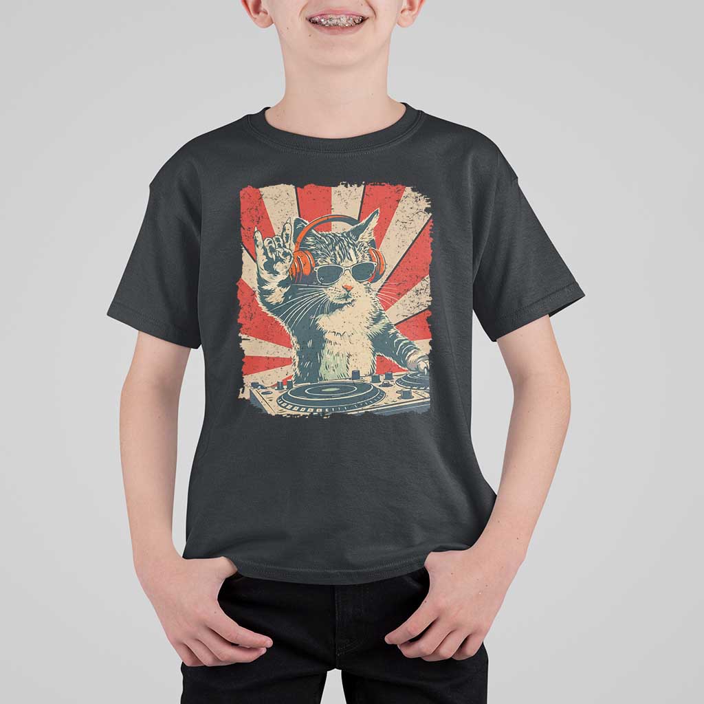 Funny DJ Cat with Headphones Retro Music Lover T Shirt For Kid