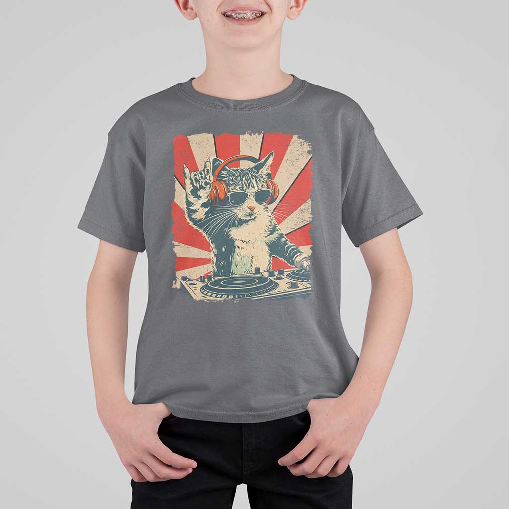 Funny DJ Cat with Headphones Retro Music Lover T Shirt For Kid