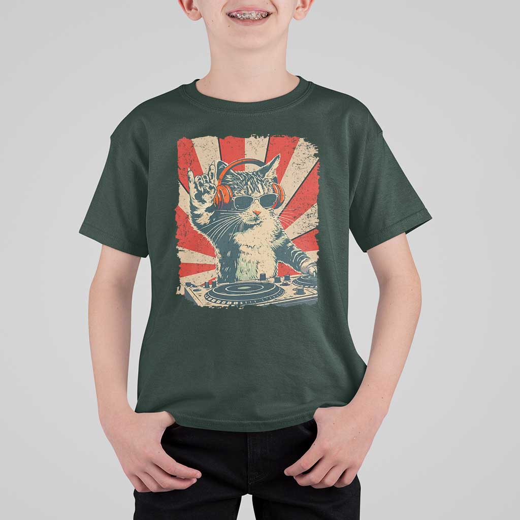 Funny DJ Cat with Headphones Retro Music Lover T Shirt For Kid