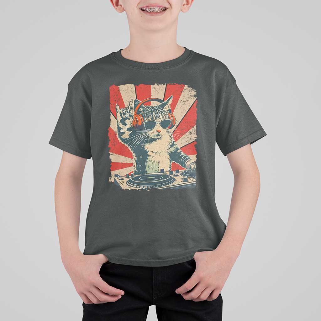Funny DJ Cat with Headphones Retro Music Lover T Shirt For Kid