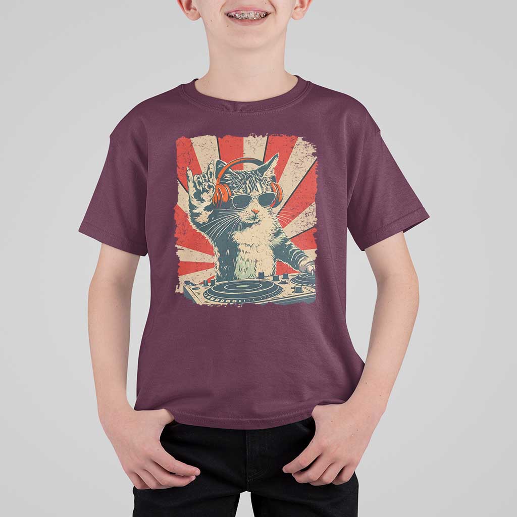 Funny DJ Cat with Headphones Retro Music Lover T Shirt For Kid