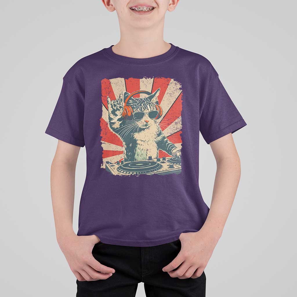 Funny DJ Cat with Headphones Retro Music Lover T Shirt For Kid