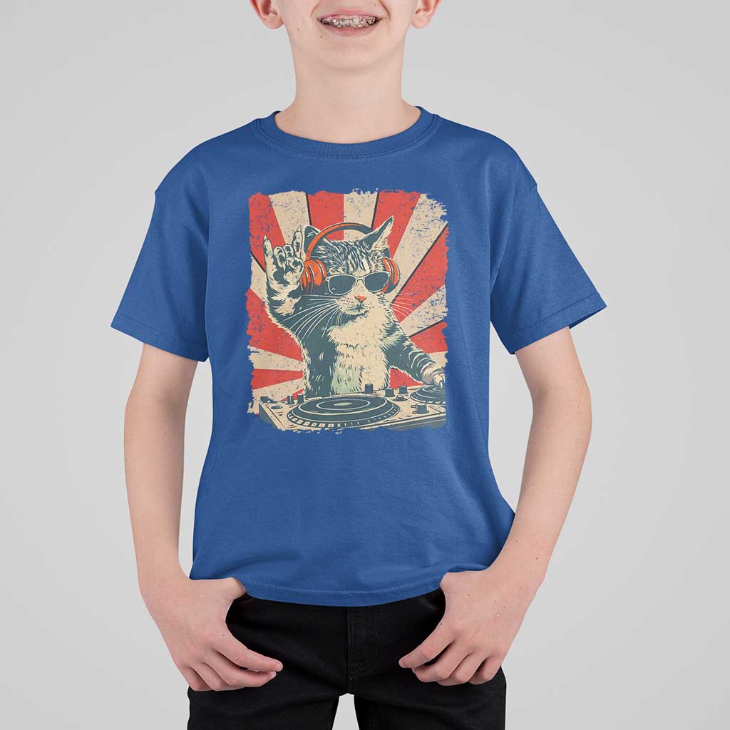Funny DJ Cat with Headphones Retro Music Lover T Shirt For Kid