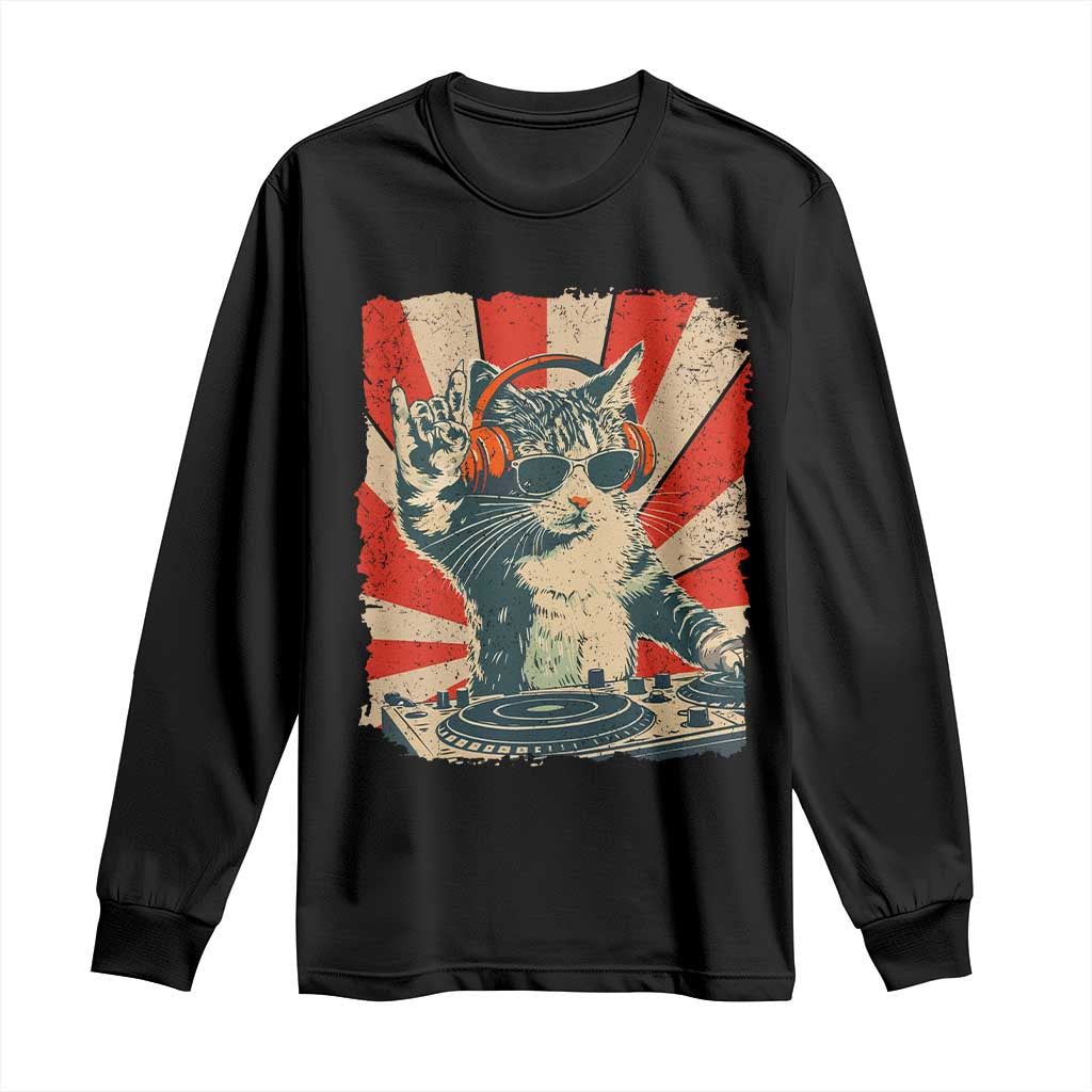 Funny DJ Cat with Headphones Retro Music Lover Long Sleeve Shirt