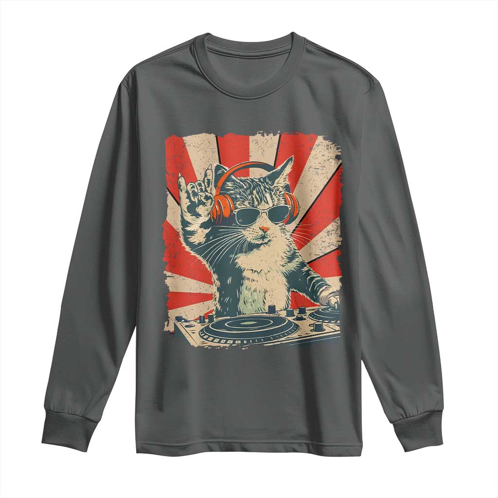 Funny DJ Cat with Headphones Retro Music Lover Long Sleeve Shirt
