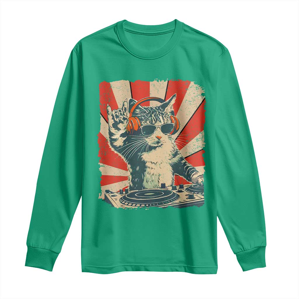 Funny DJ Cat with Headphones Retro Music Lover Long Sleeve Shirt