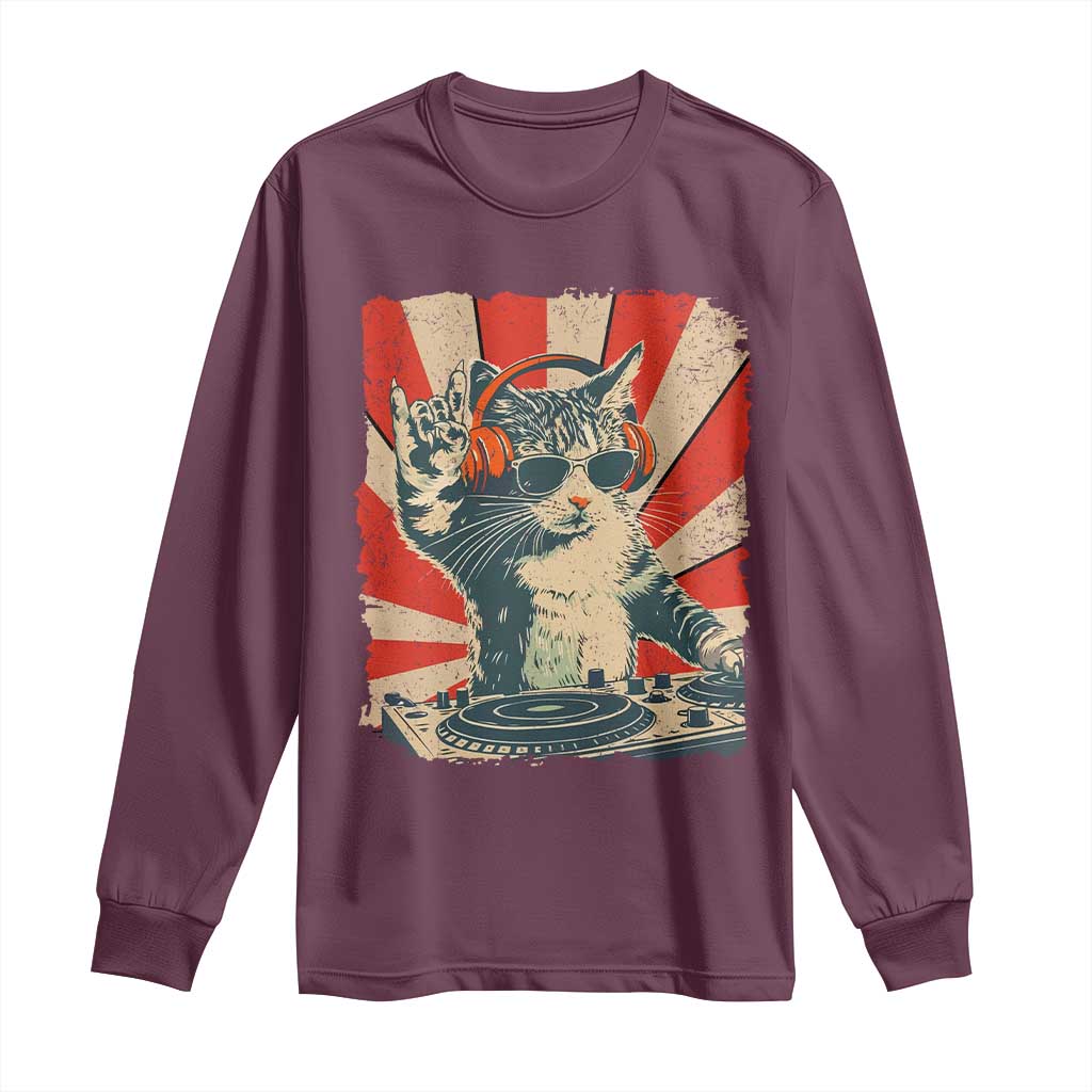 Funny DJ Cat with Headphones Retro Music Lover Long Sleeve Shirt