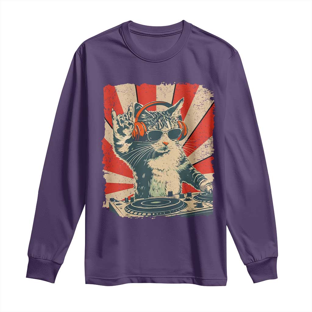 Funny DJ Cat with Headphones Retro Music Lover Long Sleeve Shirt