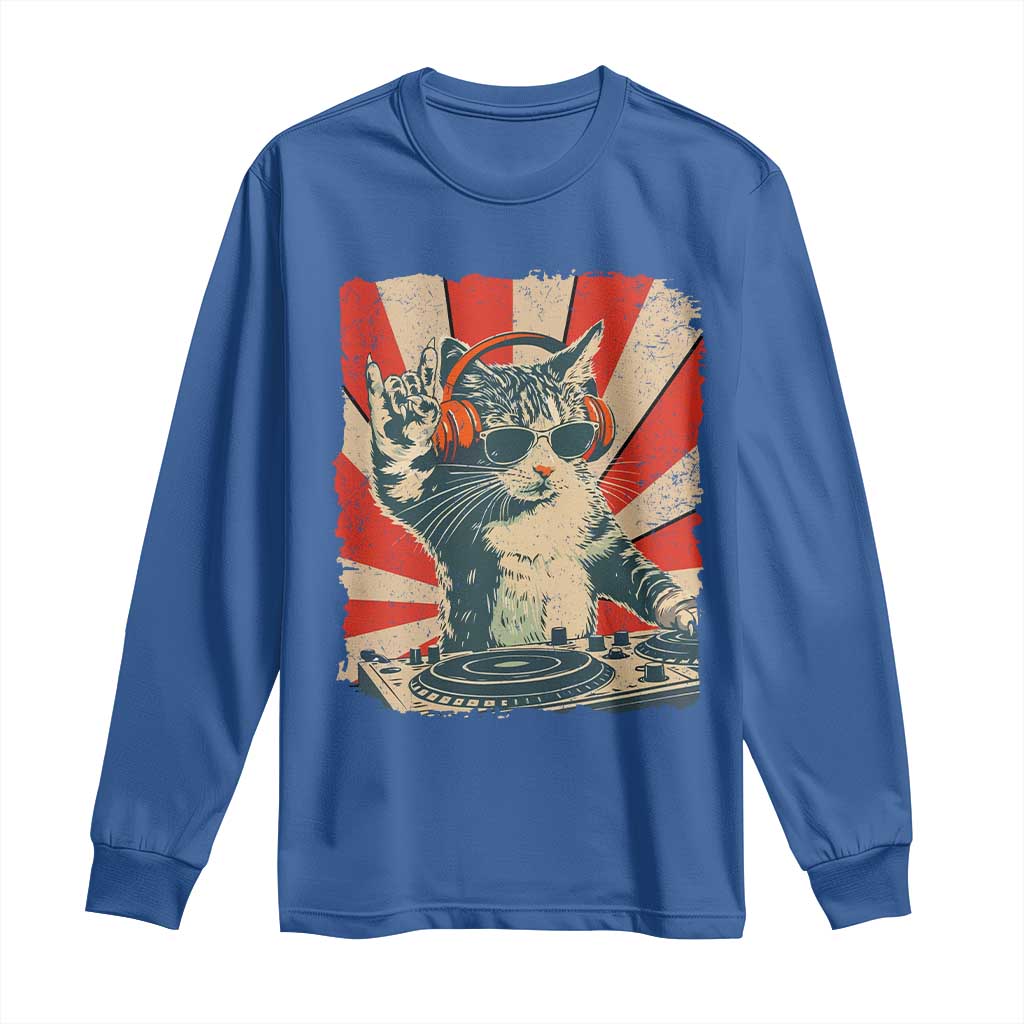 Funny DJ Cat with Headphones Retro Music Lover Long Sleeve Shirt