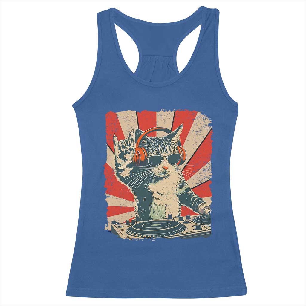 Funny DJ Cat with Headphones Retro Music Lover Racerback Tank Top