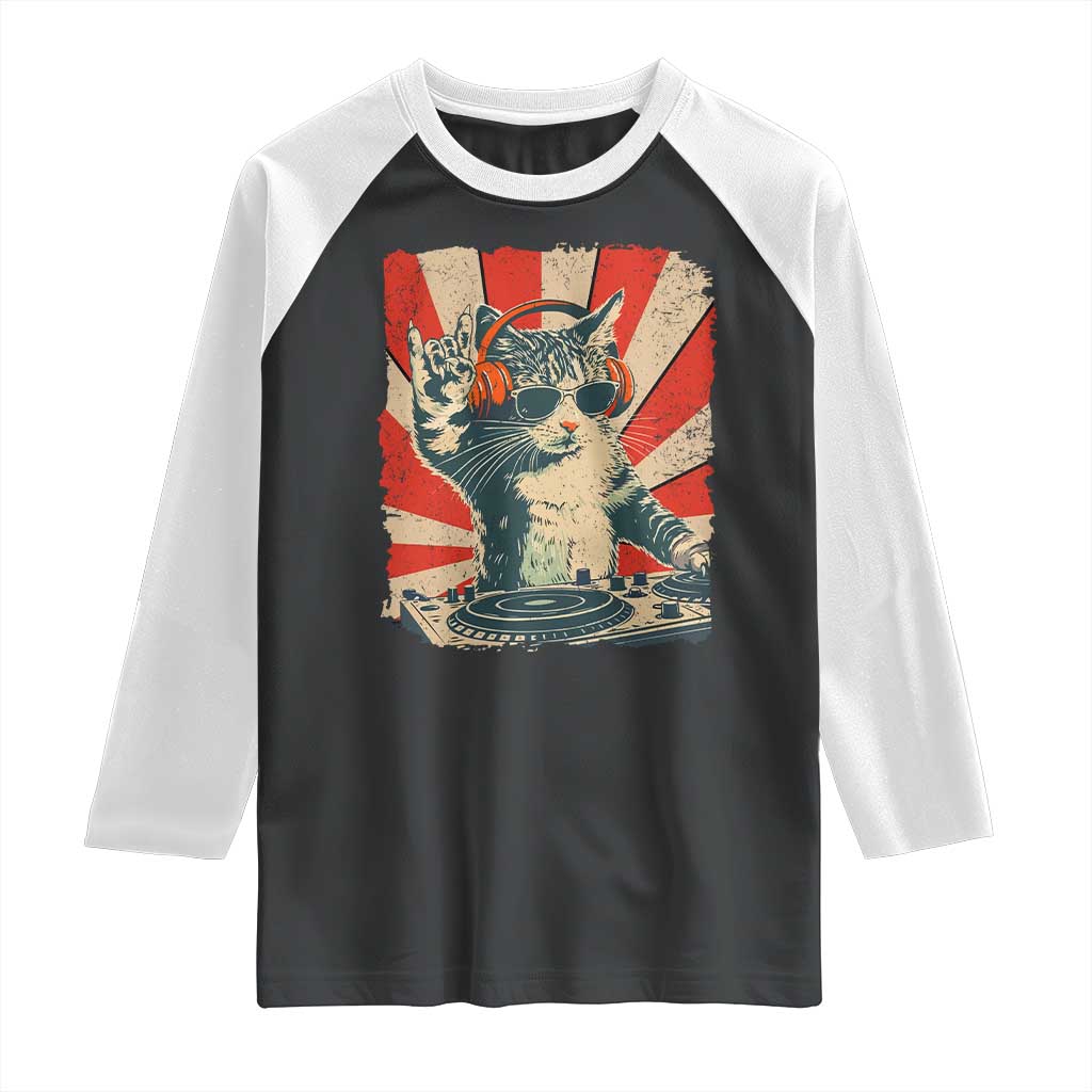 Funny DJ Cat with Headphones Retro Music Lover Raglan Shirt