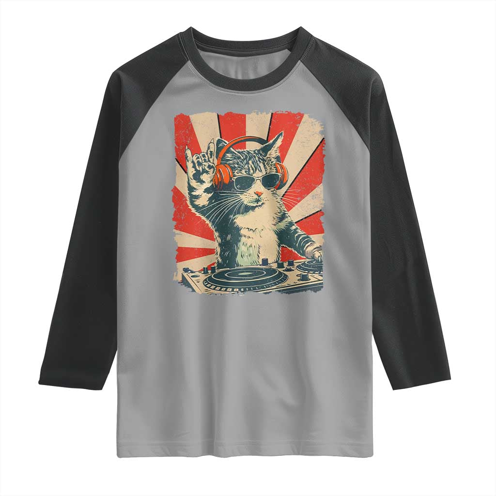 Funny DJ Cat with Headphones Retro Music Lover Raglan Shirt