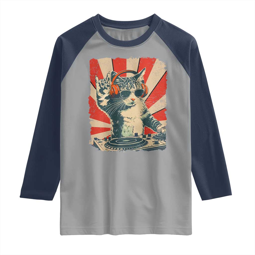 Funny DJ Cat with Headphones Retro Music Lover Raglan Shirt