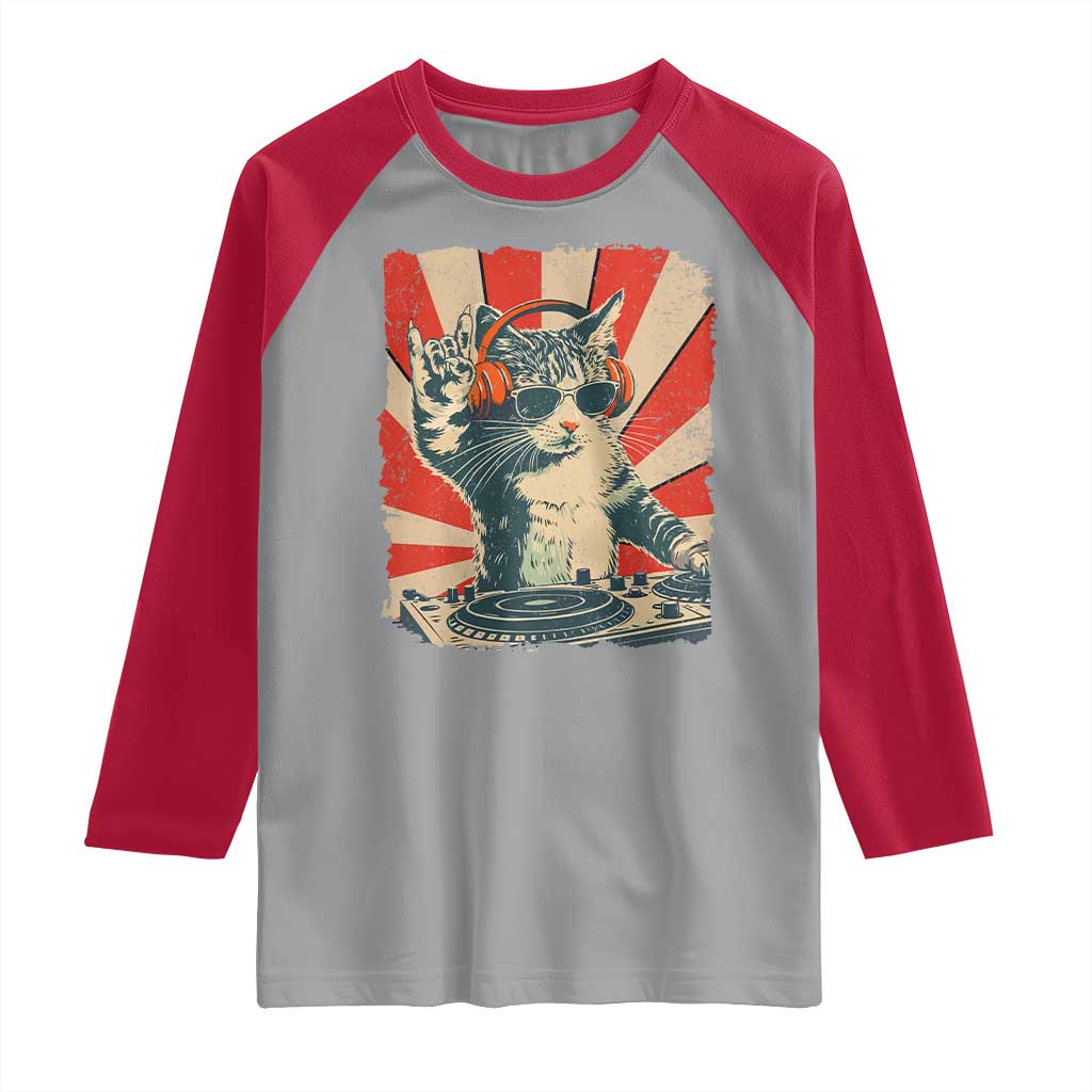 Funny DJ Cat with Headphones Retro Music Lover Raglan Shirt