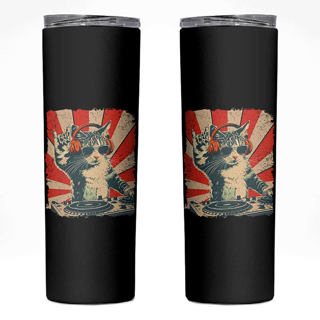 Funny DJ Cat with Headphones Retro Music Lover Skinny Tumbler