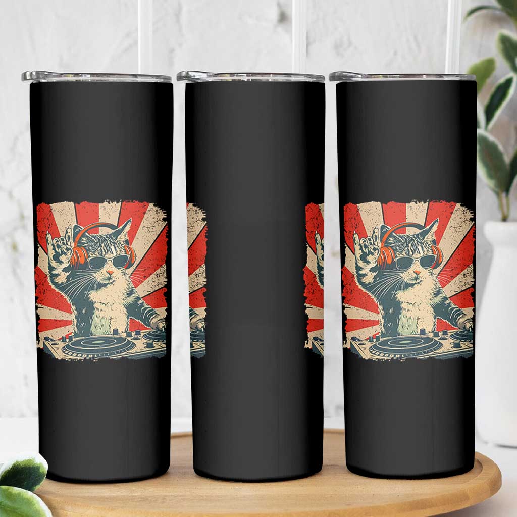 Funny DJ Cat with Headphones Retro Music Lover Skinny Tumbler