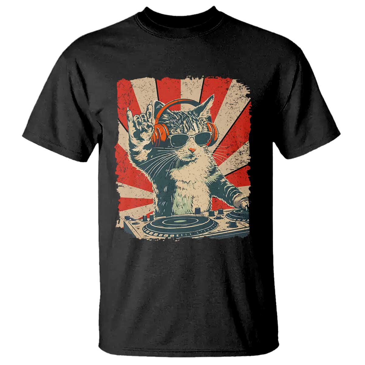 Funny DJ Cat with Headphones Retro Music Lover T Shirt