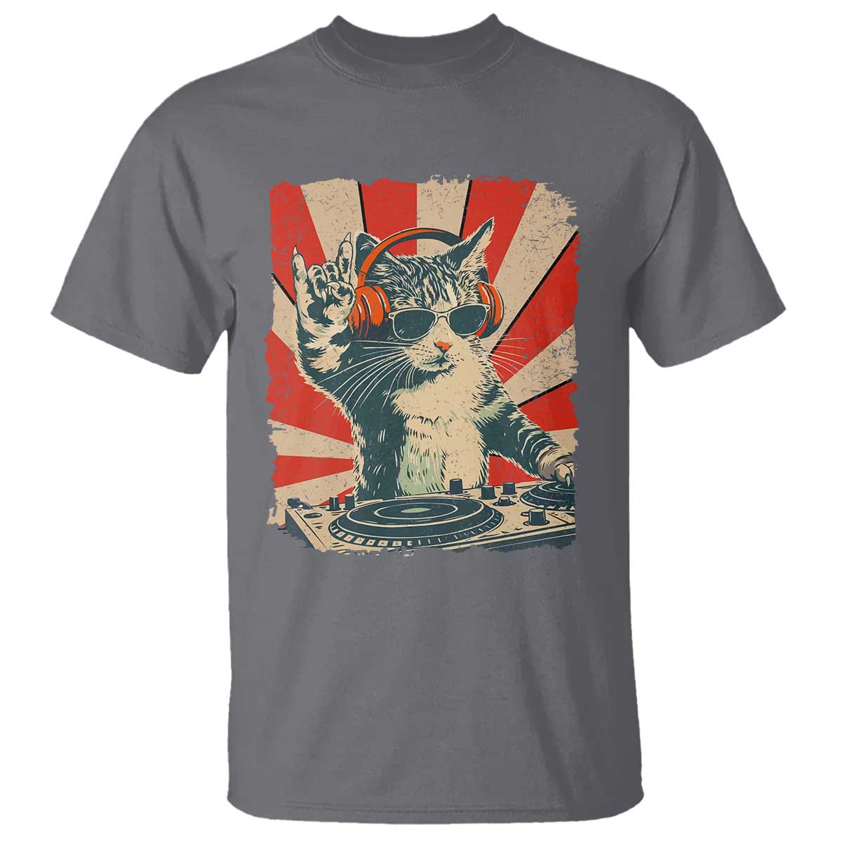 Funny DJ Cat with Headphones Retro Music Lover T Shirt