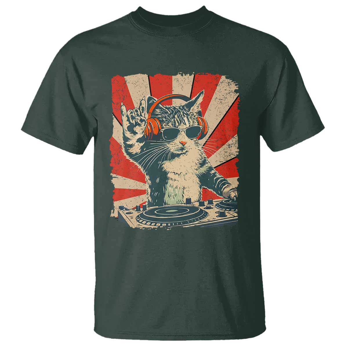 Funny DJ Cat with Headphones Retro Music Lover T Shirt