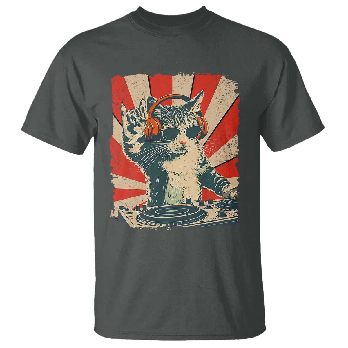 Funny DJ Cat with Headphones Retro Music Lover T Shirt