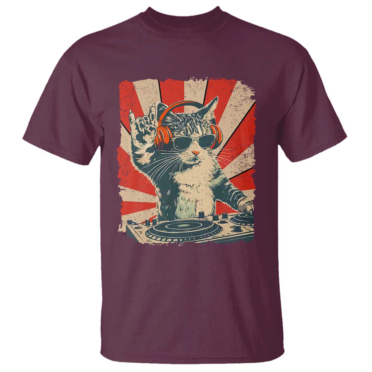 Funny DJ Cat with Headphones Retro Music Lover T Shirt
