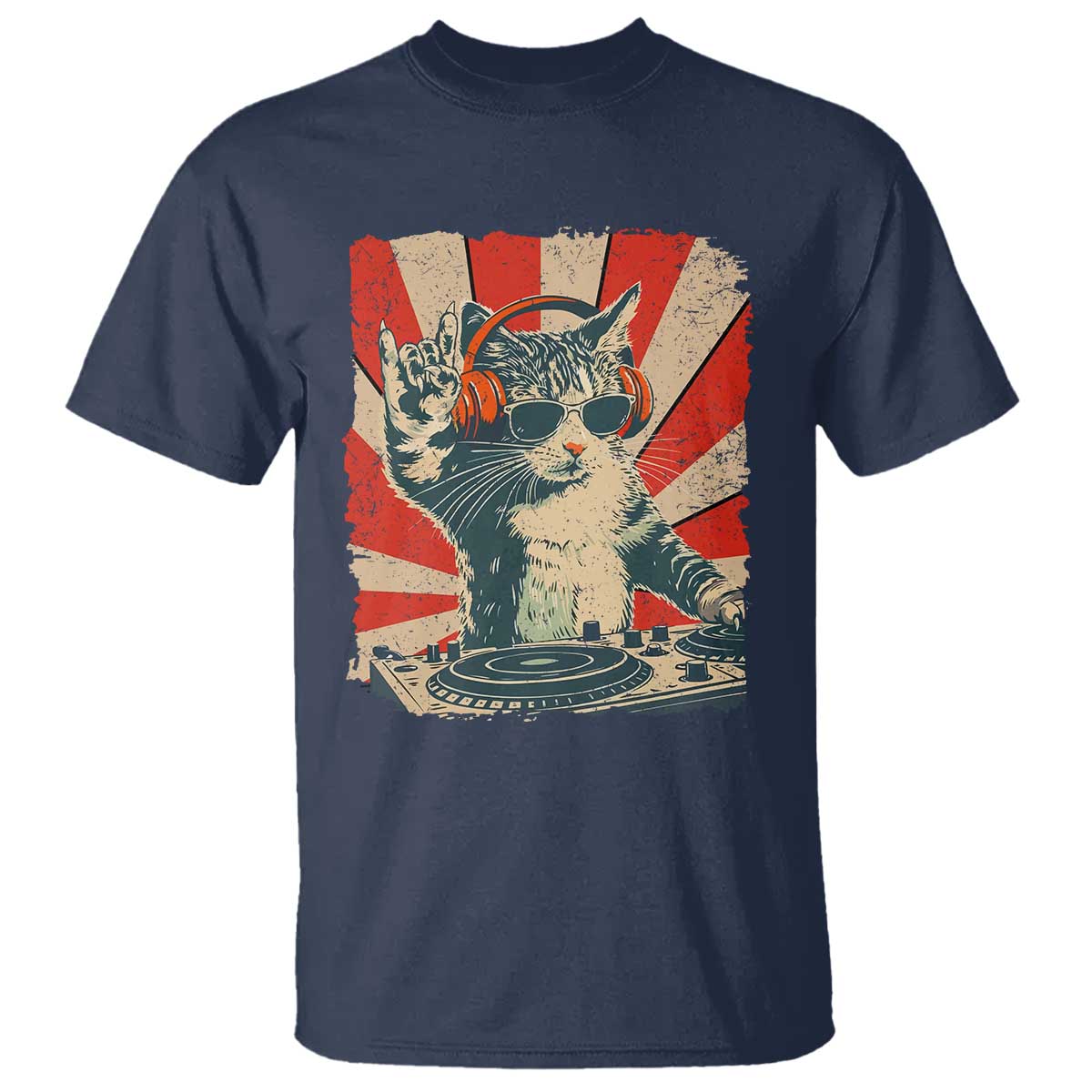 Funny DJ Cat with Headphones Retro Music Lover T Shirt