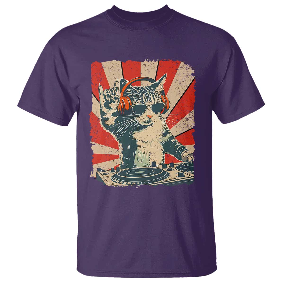 Funny DJ Cat with Headphones Retro Music Lover T Shirt