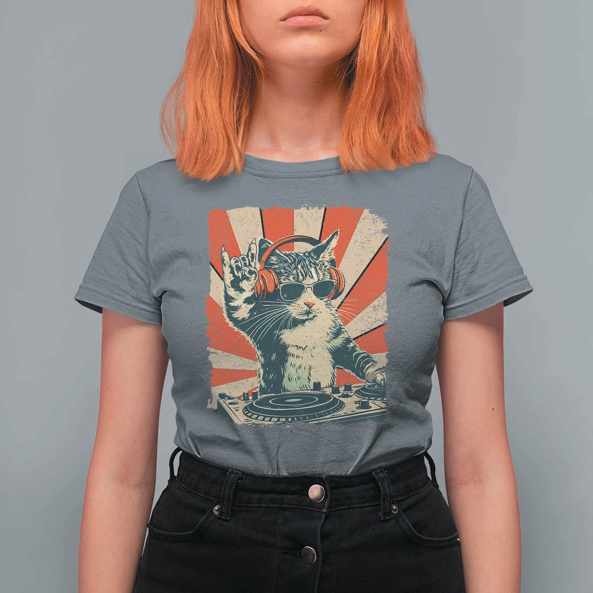 Funny DJ Cat with Headphones Retro Music Lover T Shirt For Women