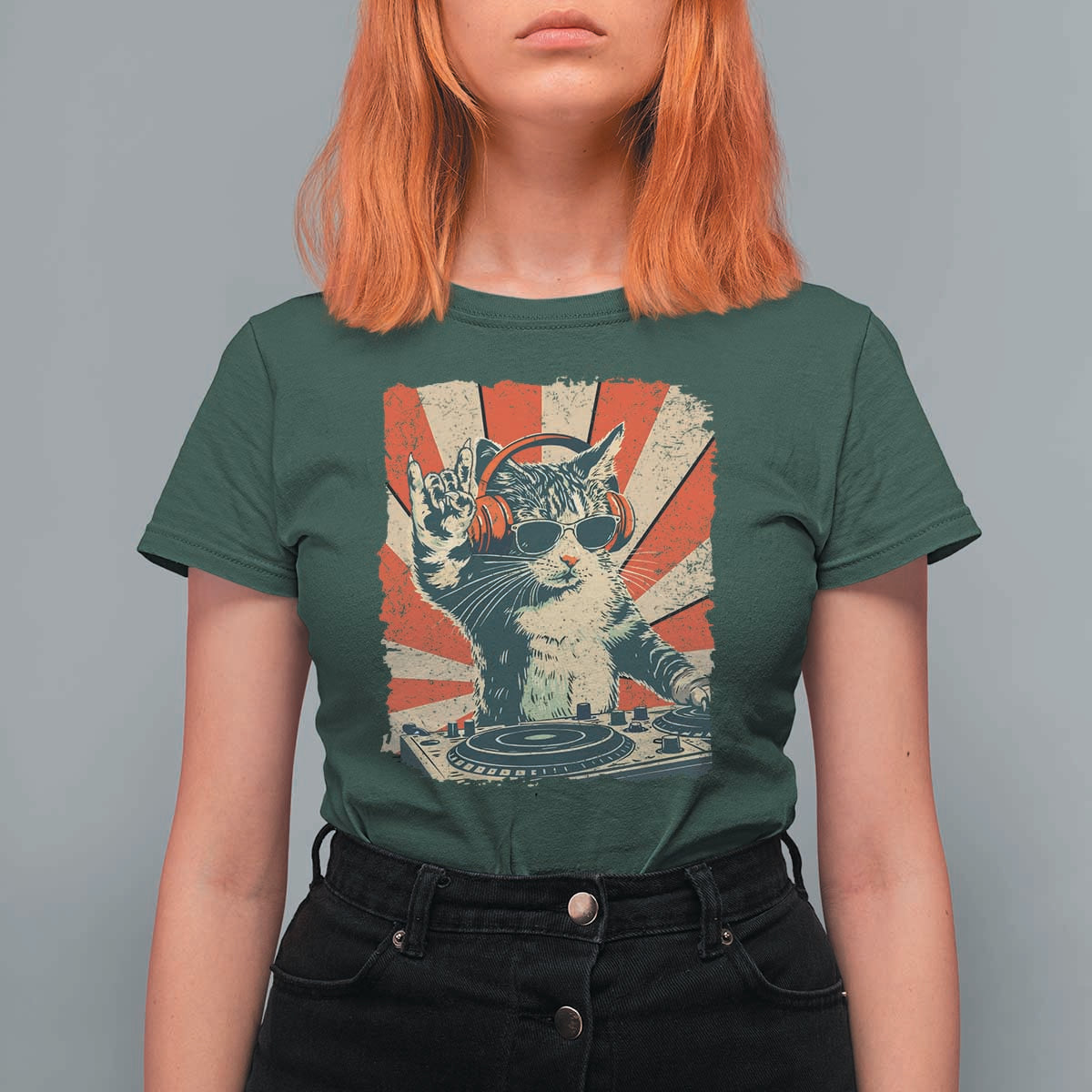 Funny DJ Cat with Headphones Retro Music Lover T Shirt For Women