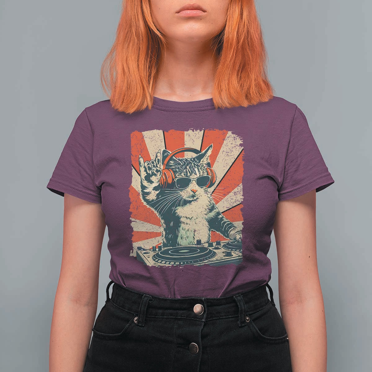 Funny DJ Cat with Headphones Retro Music Lover T Shirt For Women