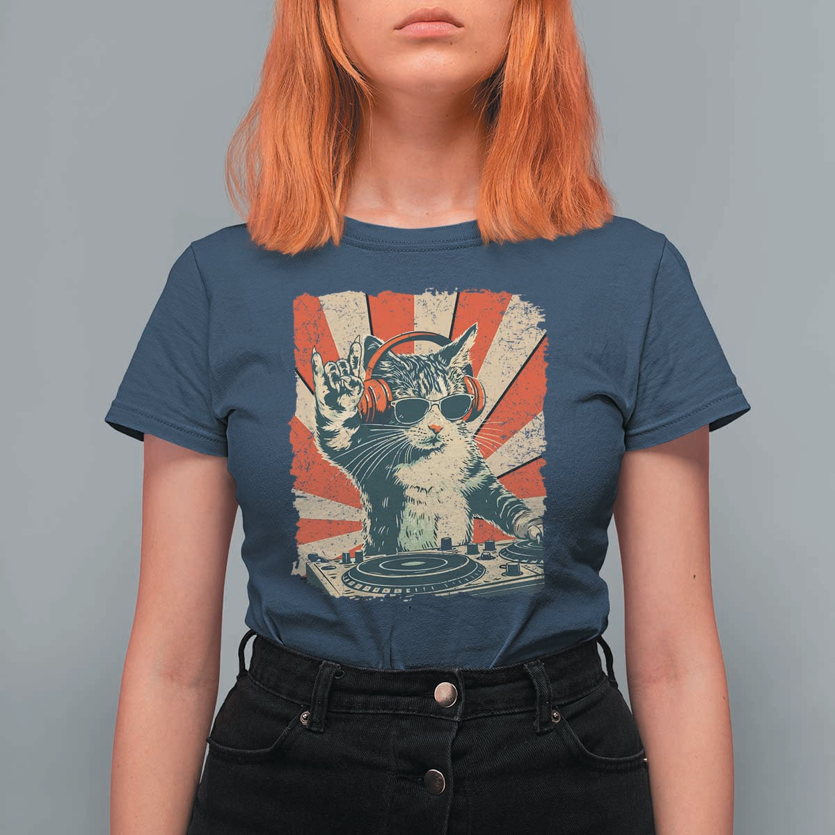 Funny DJ Cat with Headphones Retro Music Lover T Shirt For Women