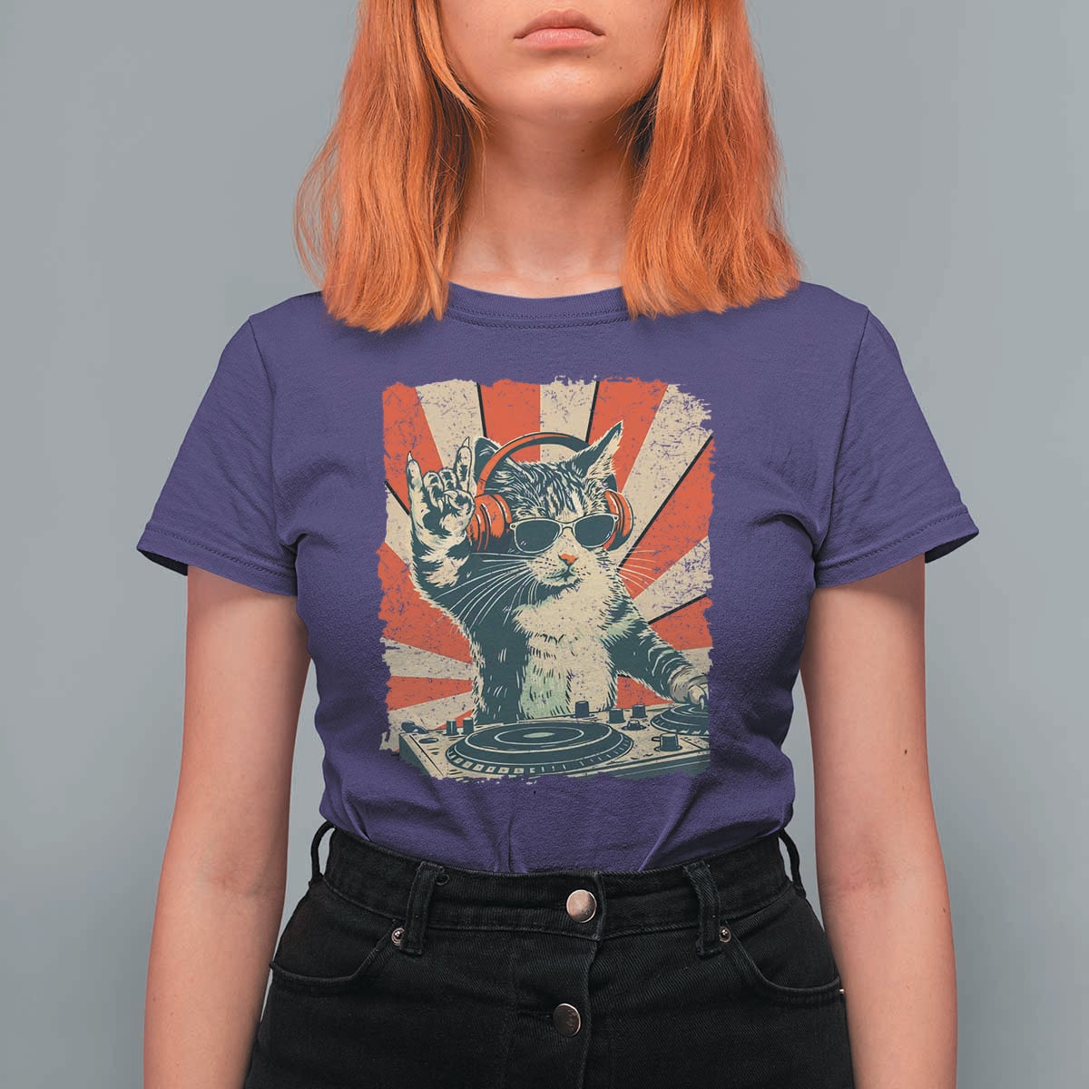 Funny DJ Cat with Headphones Retro Music Lover T Shirt For Women
