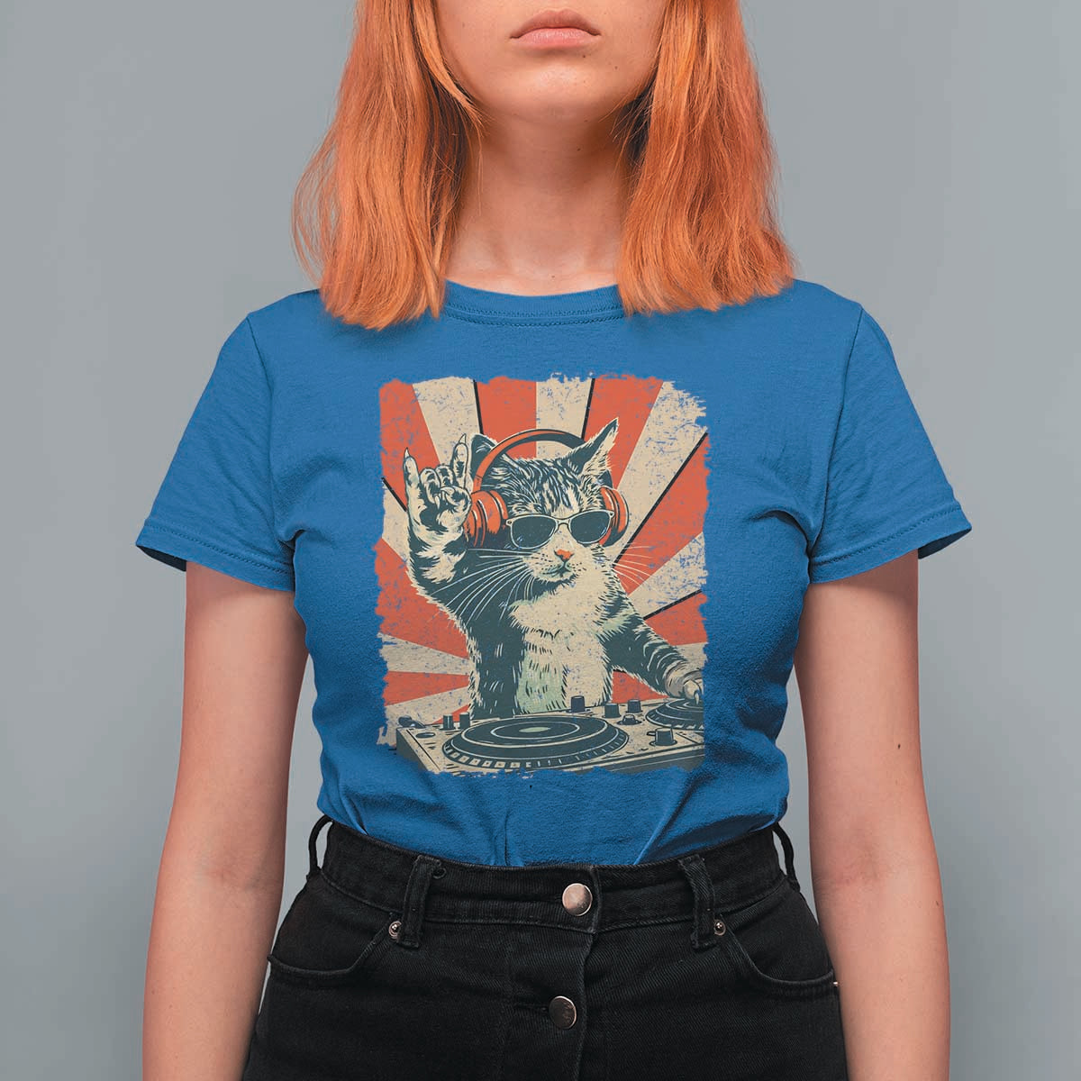 Funny DJ Cat with Headphones Retro Music Lover T Shirt For Women