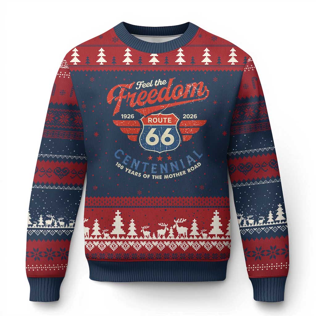 US Route Highway 66 Centennial Ugly Christmas Sweater Feel The Freedom 100 Years Of The Mother Road
