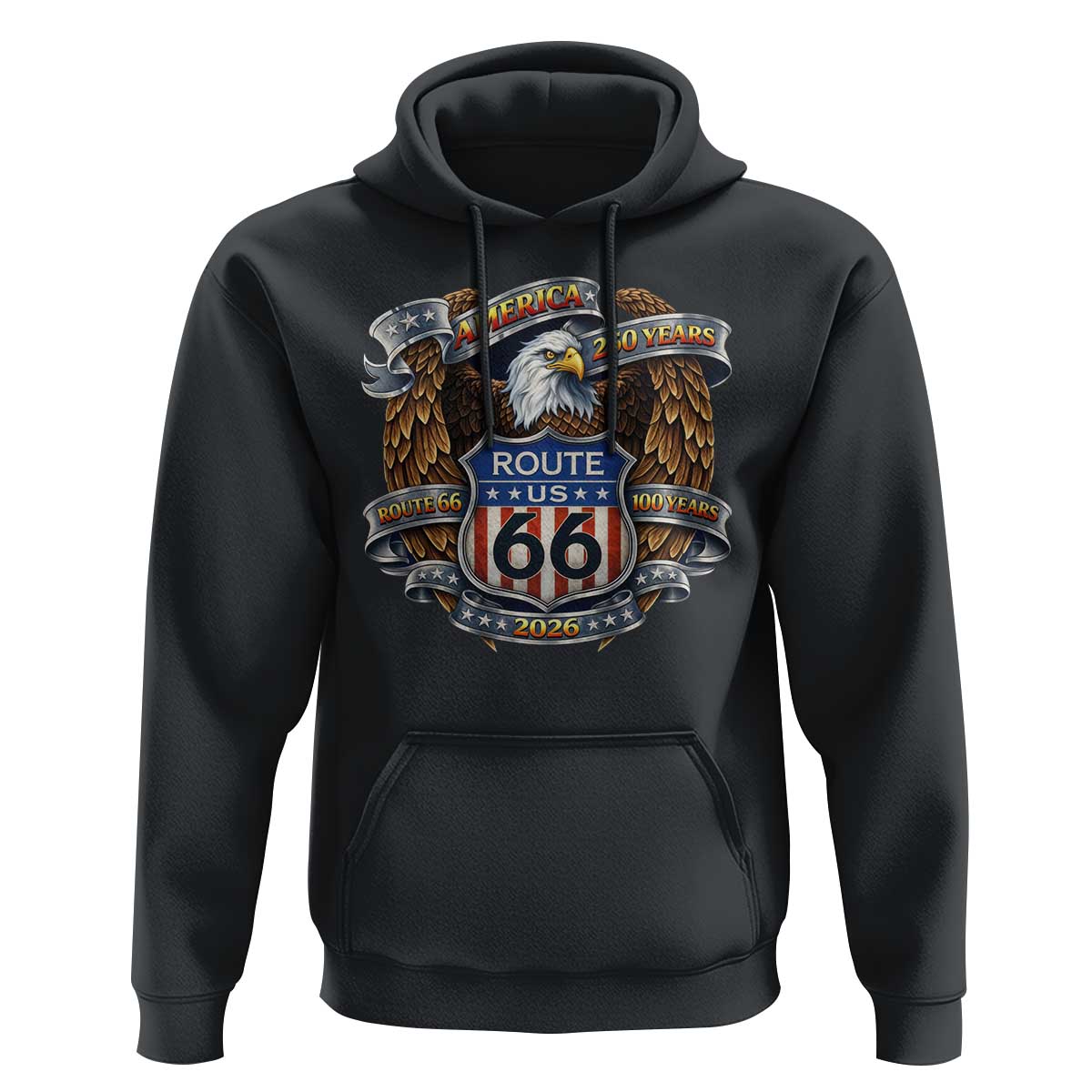 250 Years Of America 100 Years Of Route Highway 66 Hoodie Bald Eagle Vintage American Flag