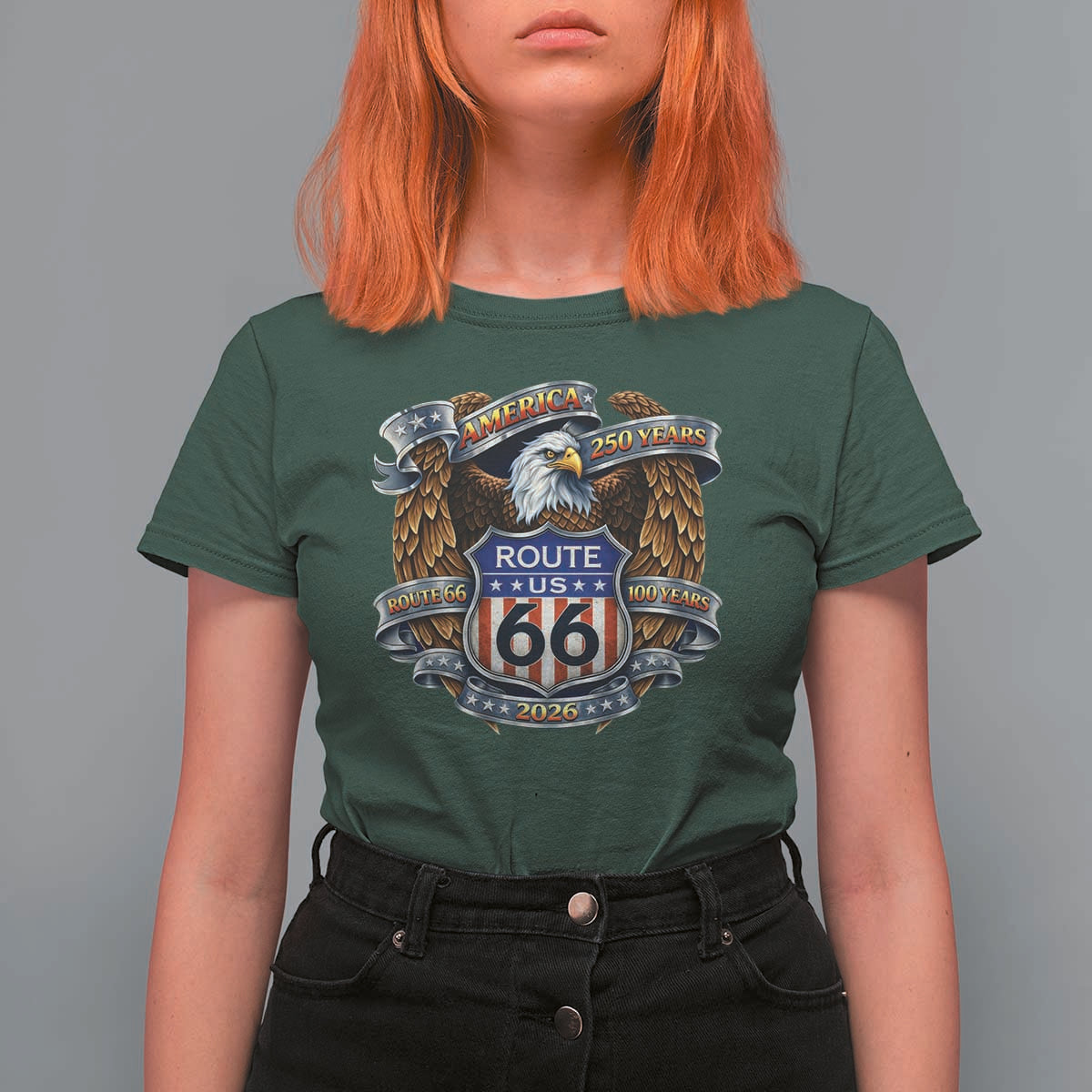 250 Years Of America 100 Years Of Route Highway 66 T Shirt For Women Bald Eagle Vintage American Flag